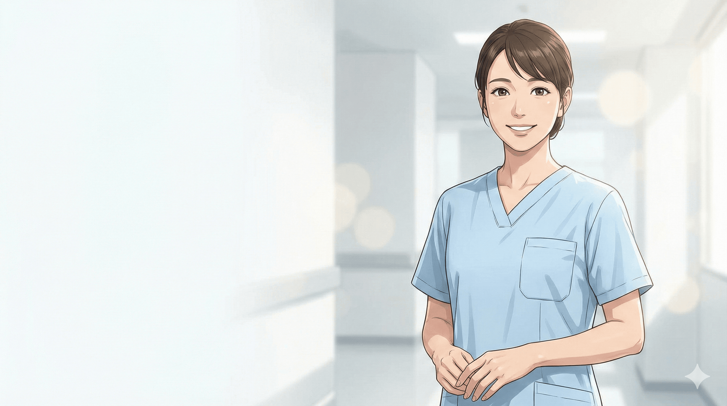 病院の廊下で笑顔の看護師